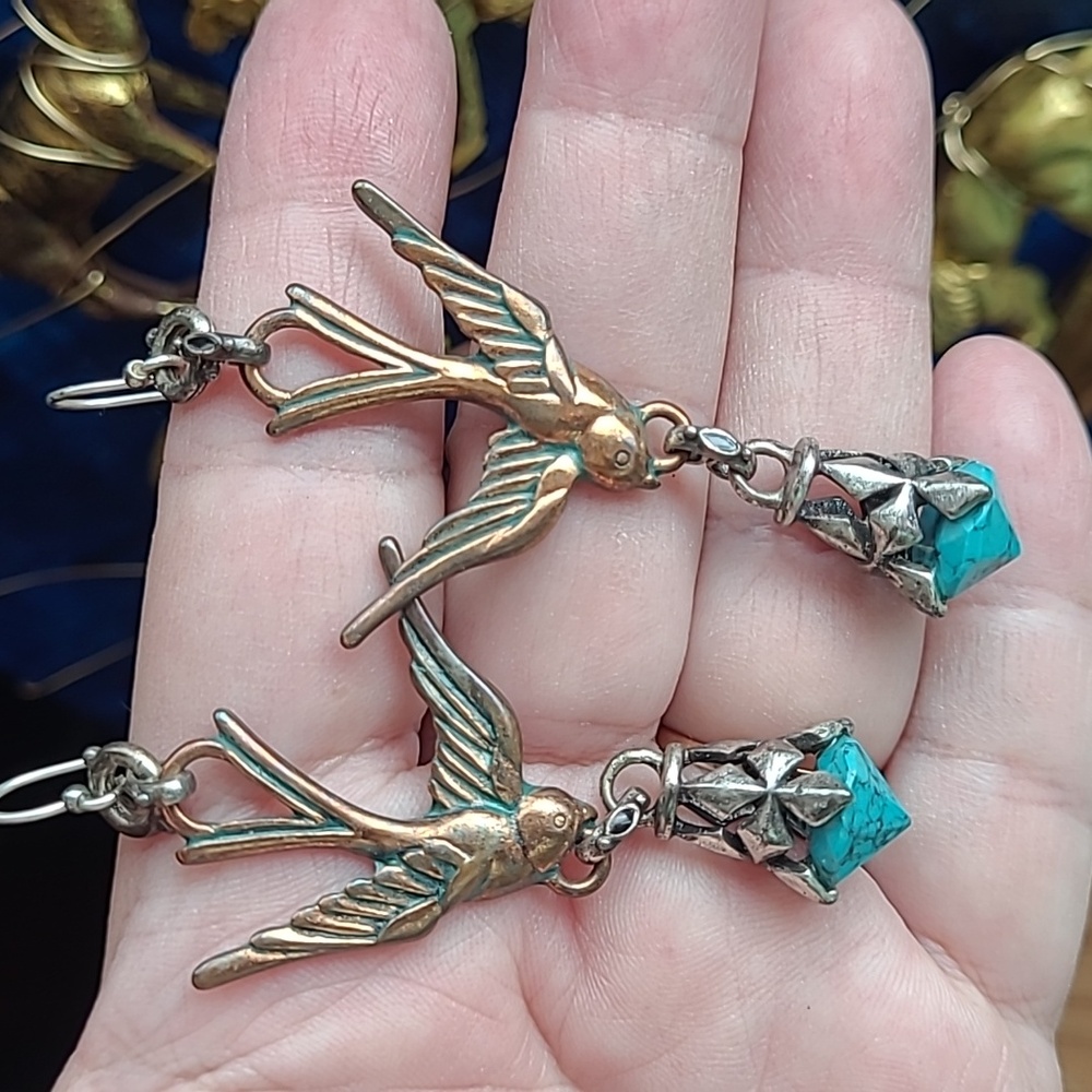 Elegant Bird Design Earrings with Turquoise Accents Free Spirit Dangle